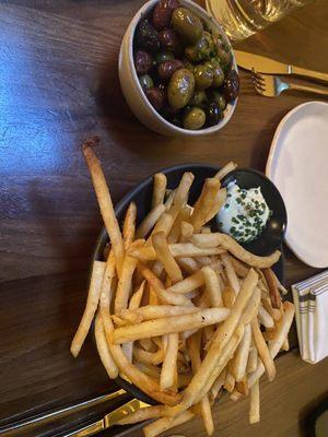 fries and heated olives - great snacking