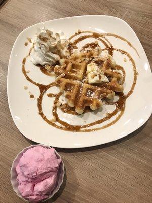 Brown sugar butter mochi waffle w/ strawberry ice cream