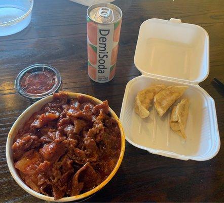 Pork bowl w/ kimchi, Mandoo, & peach DemiSoda.