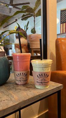 strawberry smoothie, matcha latte