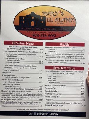 Breakfast menu