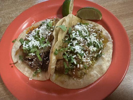 Pork taco with green sauce and Barbacoa taco