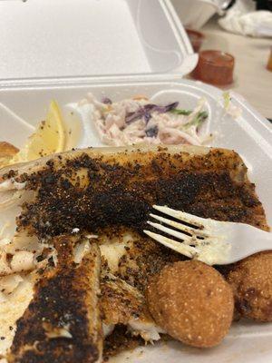 Blackened Salmon, cole slaw & hush puppies