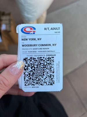 Ticket from Manhattan to Woodbury Common.