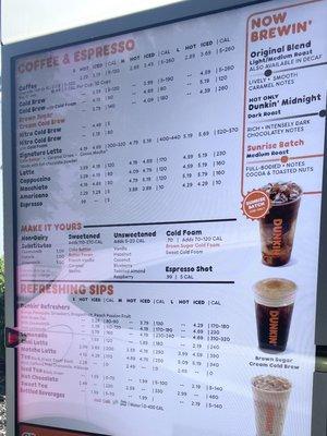 Coffee and beverage menu