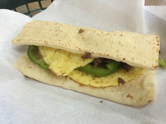 Steak, egg and cheese on flatbread! Yum yum!