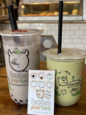 Taro milk tea and Thai green tea