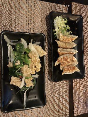 Spicy Calamari (L) & Gyoza (R)