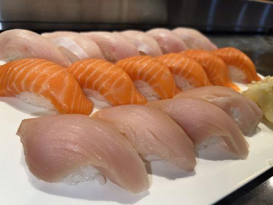 Hamachi, sake, and albacore nigiri