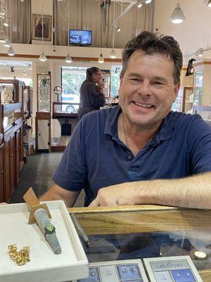 Jeweler extraordinaire, Dan Trudeau, with wax mold of ring including opal.....