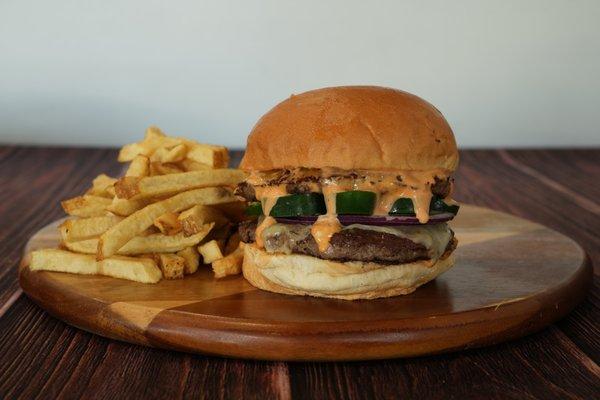 1/2 Pound Ribeye Burger, Habanero Aioli, Habanero Cheddar Cheese, Pepper Jack Cheese, Red Onion & Fresh Jalapeño on a Fresh Baked Bun.