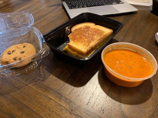 Basic cookie, cold, single-layer grilled cheese sandwich, and a tomato soup for ants.