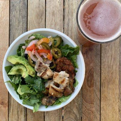 Mighty Bowl salad, no beans, no rice, no dairy, no olives. With grilled chicken, pickled vegetables and extra avocado.