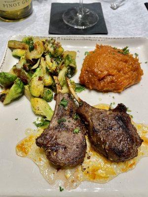 Lamb Lollipops with Brussel Sprouts and mashed Sweet Potatoes - DELICIOUS!!!