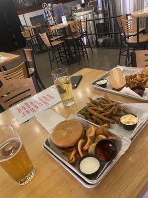 Kids burger (I wasn't starving and had an appetizer and it was big and perfect), fried green beans, beers and intercity Buffalo chicken.