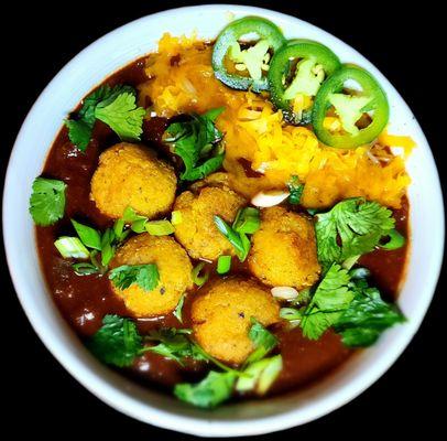 Chili with with green chile rice balls