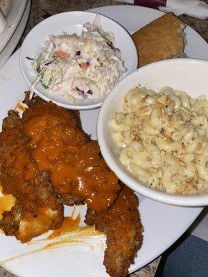 The BEST buffalo chicken tenders, Mac n cheese, coleslaw, cornbread