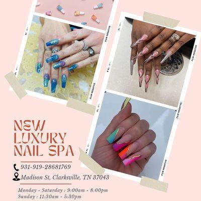 __Luxury Nail Spa__
Business hours:
Monday - Saturday: 9:00AM - 8:00PM
Sunday: 11:30AM - 5:30PM