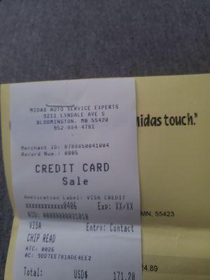 Midas bill & receipt from yesterday