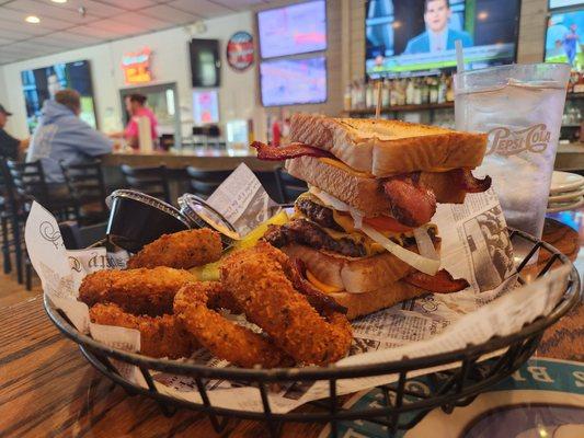 Grilled Cheese Burger with Voodoo Onion Rings