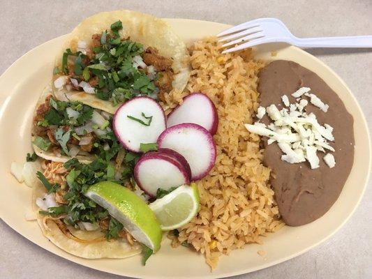 Three taco plate, $7.25 plus tax.