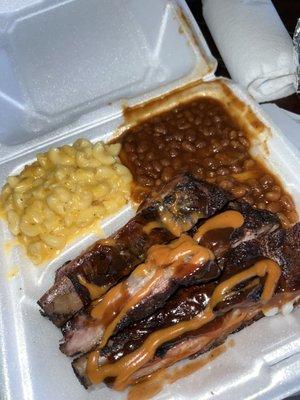 Rib dinner w/ mac n cheese & baked beans