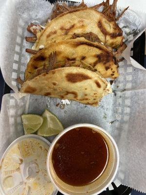 Pork birria tacos with consommé