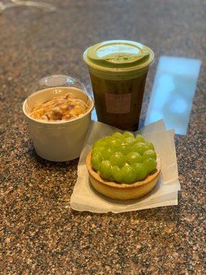 Banana caramel pudding, green grape tart, and matcha creme americano