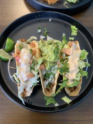 Crunchy tacos - chicken, carnitas, and grilled shrimp