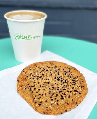 Hōjicha Latte ($5.75) w/ oat milk (+$1) & Rosalind Bakery Sesame Cookie ($2.60)