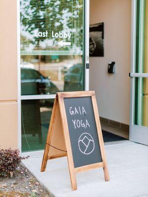 Welcome to Gaia Yoga! Look for our sandwich bird outside the lobby at 855 Marina Bay Parkway.