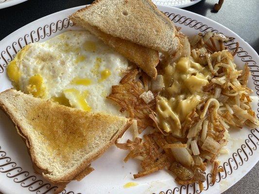 All-Star Special Breakfast (over easy eggs, hash browns are smothered&coveted)