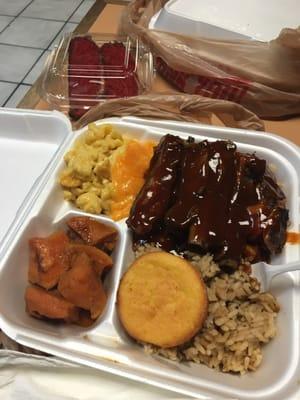 Rib plate (includes choice of rice, 2 sides , and cornbread) $13.99