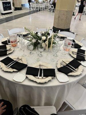 From Star Catering: fruit infused water pitchers , glasses, silverware, white plates (not shown) and mini side plates .