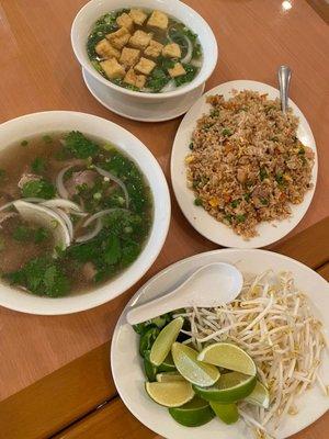 Vegetarian pho, round streak pho, and combination fried rice.