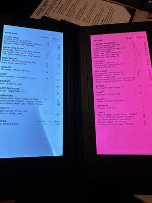 White and red wine menu that lights up!