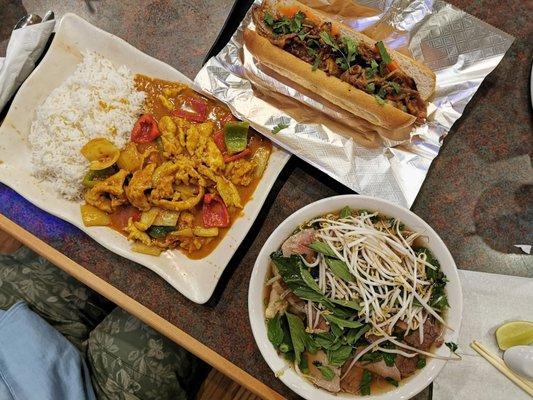 Curry chicken over rice + special combo pho + grilled beef banh mi