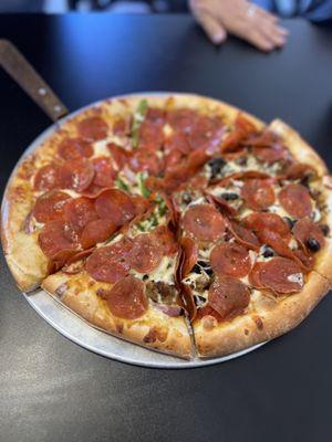 Large pizza with split toppings