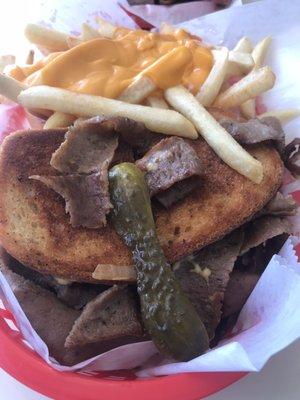 Gyro melt, cheese fries, and a pickle!