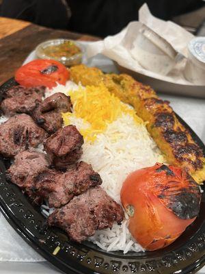 Spicy ground chicken kabob and lamb plate with rice