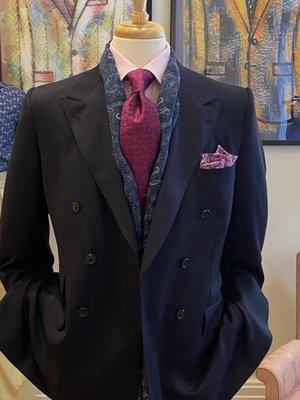 Navy diagonal twill suit, pink mini-gingham check shirt, magenta woven neat tie, stain glass inspired pocket square, Italian wool blue scarf