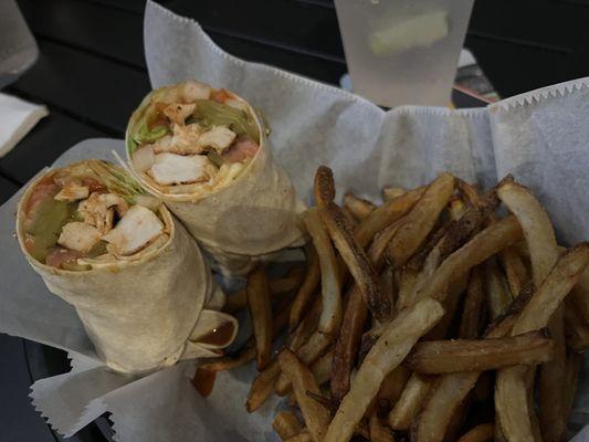 Buffalo style grilled chicken wrap and house cut fries. Yum. Like $13.