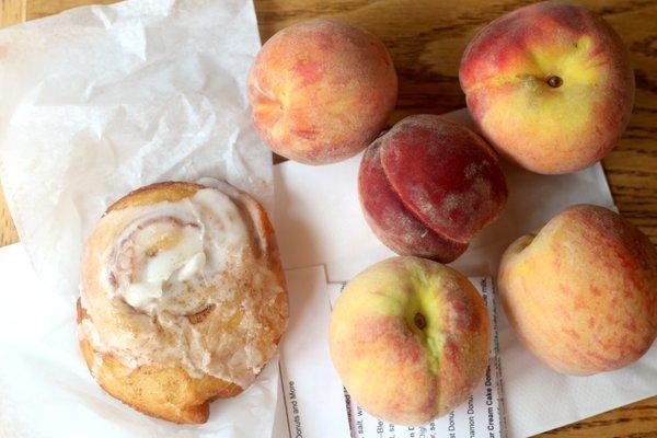 Peaches from Karpo Farms ($6.25/quart), Cinnamon Swirl from It's a Good Day Donuts ($3.13)