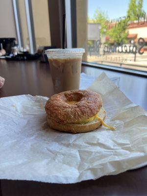 Iced caramel latte and breakfast bagel