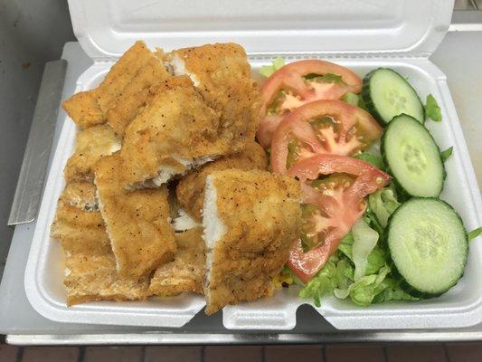 Fish over rice and salad