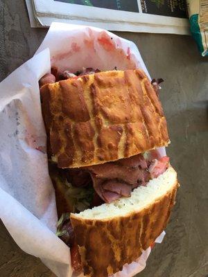 Hot pastrami and swiss on dutch crunch