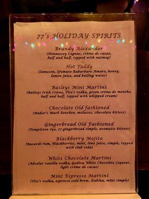 Holiday drink menu - white chocolate martini was amazing (Dec 2022)