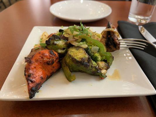 Tandoori Sampler: lamb kabob, chicken tikka, and mint chicken kabob