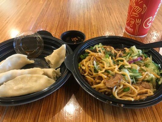 Spicy Korean Beef Noodles and the potstickers.    Potstickers spicy but very good.  Service fast and friendly.  food hot.