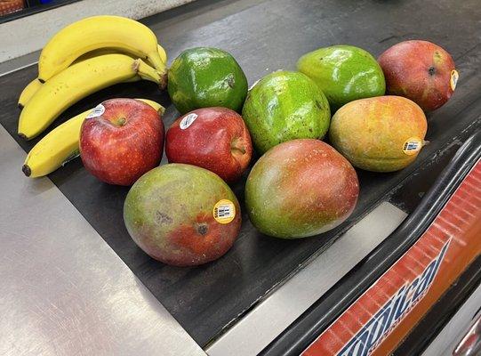 Bananas, mangoes, apples, avocados